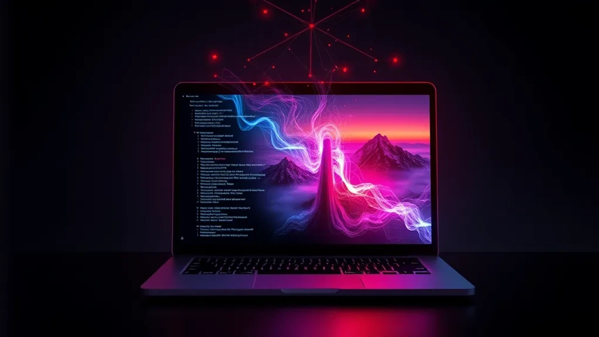 Mit FLUX generiertes Titelbild: Ein Laptop mit geöffnetem Terminal, aus dem farbige Lichtströme ein Landschaftsbild formen, als Symbol für KI-Bildgenerierung in Claude Code